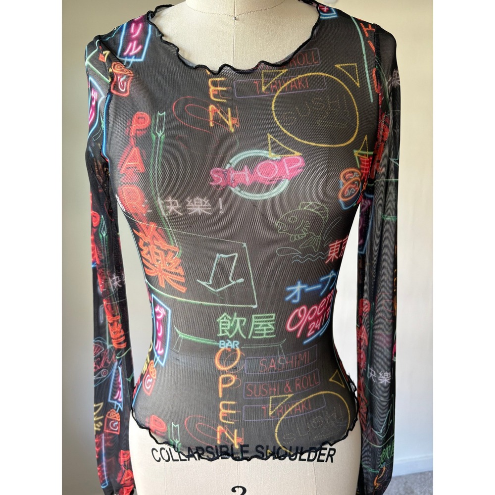 Vintage Y2K Forever 21 Sheer Mesh Top Small Black Neon Sushi Cybercore Harajuku